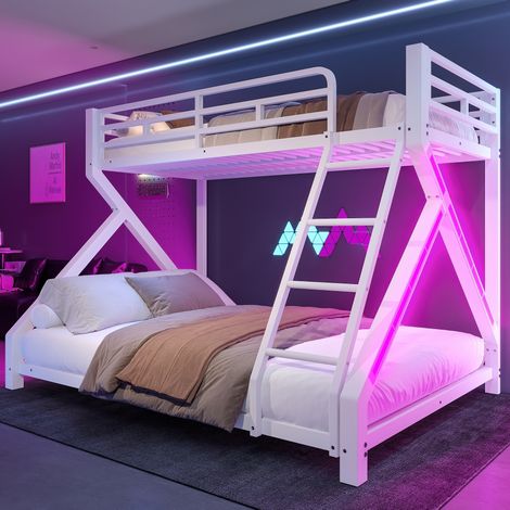 Letto a castello 90x200/140x200 cm bianco in metallo con LED, sponde di sicurezza e scala (1/5)