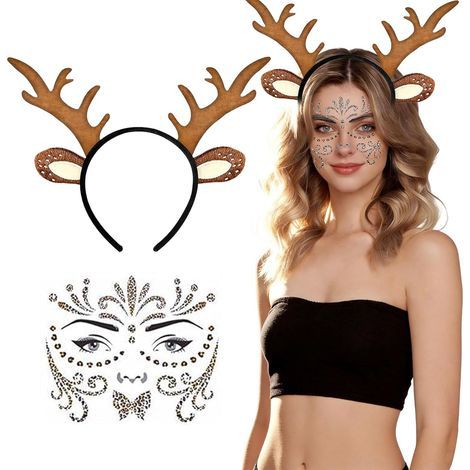 Serre-Tête en Bois de Renne, Femme Noël Serre-Tête Boiscerf Con Tatouage du Visage, Applicable à Activités Impliquant Rôles Cerfs Sert D'accessoire Unique Aidant Celui (1/5)