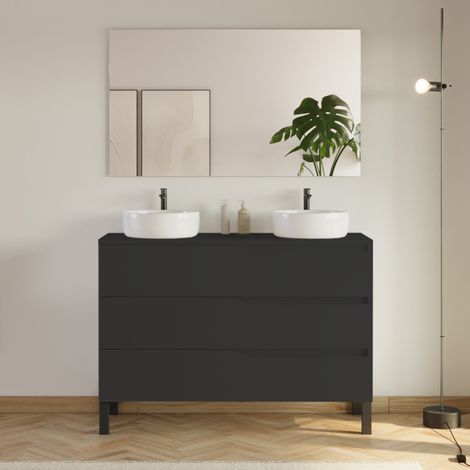 Meuble de salle de bain 120cm avec plateau et 2 vasques à poser Ares - 3 tiroirs - noir - MATA (1/4)
