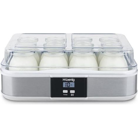 Yaourtière programmable ELY120 – 12 pots en verre 160ml + 1 pot 1,2L – Écran LCD – Préparation yaourts maison jusqu'à 15h – Maison Cavist