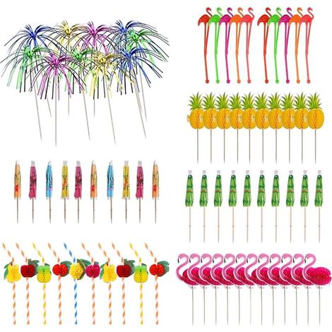Set of 70 reusable cocktail accessories, including paper umbrellas and firework sticks, for banquets, summer parties, weddings, and bars. (1/5)