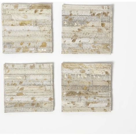 HOMESCAPES 4er-Set Leder-Untersetzer für Gläser 10 x 10 cm - Patchwork-Streifen grau-gold