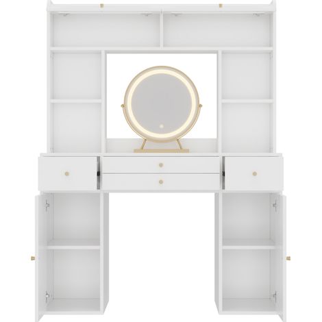 Tocador LED con espejo, 4 cajones y 4 estantes, blanco, 120 x 40 x 160 cm (1/5)