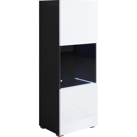 Stehende Vitrineschrank mit 2cm Füsse mit LED Hängeschrank Vitrinenschrank Vitrine Wohnzimmer 1 Tür 3 Fächer 40x128x29cm Modell Luke V3 Schwarz und Weiss Glanz