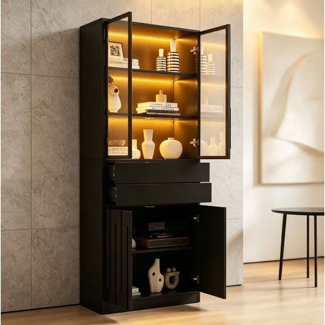 Vitrine de rangement 140x34x180 cm avec portes en verre, 2 tiroirs, LED Bluetooth, panneau de particules noir (1/5)
