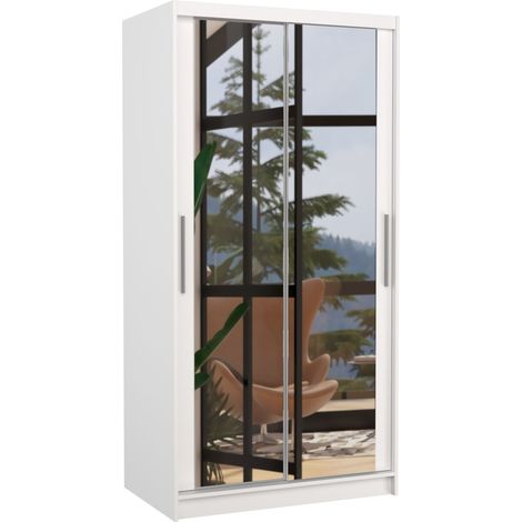 Petite armoire de chambre blanche 2 portes coulissantes avec miroir Niko 100cm (1/5)