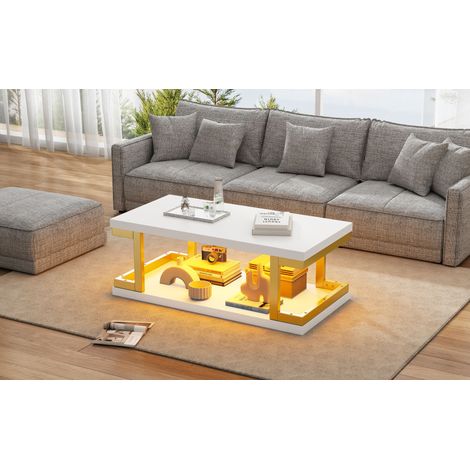 Table basse rectangulaire LED MDF métal blanc et or 100x50x37.5 cm (1/5)