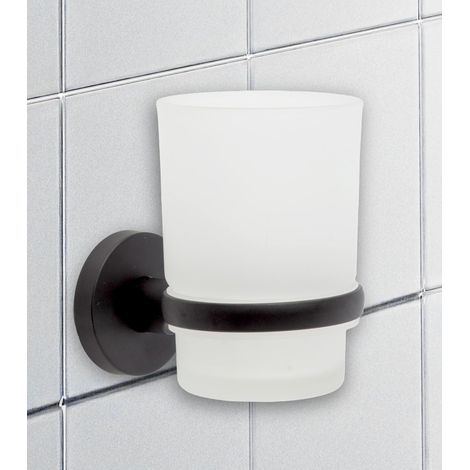 Soporte de pared autoadhesivo negro para cepillos de dientes con vaso, diseño moderno, para pasta de dientes y cepillos, no requiere taladrar. (1/5)