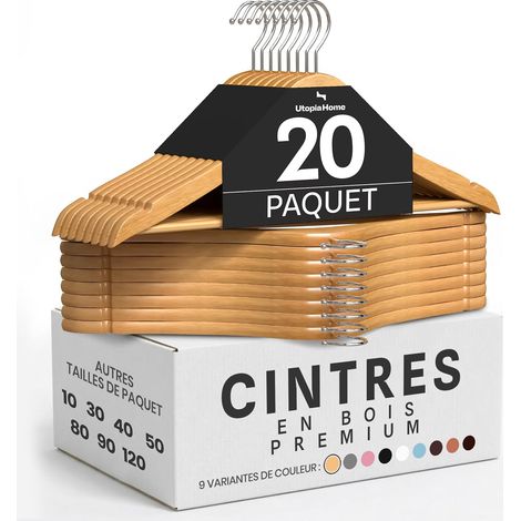 20 Paquets de cintres en Bois avec Barre de Pantalon et rainures pour Les épaules, Design Robuste et Mince pour Les Manteaux, Costumes, Pantalons et Vestes, Naturel (1/5)