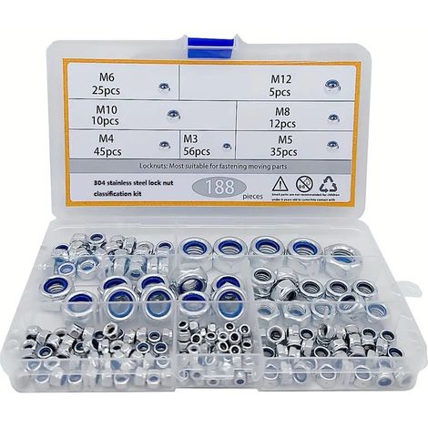 Écrou de Blocage Autobloquant en au Carbone 7 Taille Ecrou Frein de en pour Boulons et Vis M3 M4 M5 M6 M8 M10 M12 188 pièces Nylon Acier (1/5)