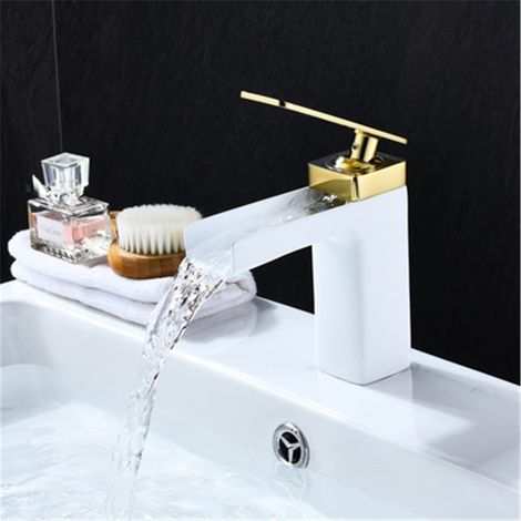 Robinet de Lavabo Blanc Or Court, Eau Froide et Chaude 360° Rotatif à Double Articulation Murale Entrée Unique avec Tige de Vidange (1/5)