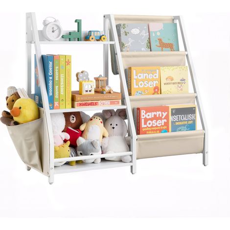 Organisateur de jouets tout-petits, bibliothèque enfants à 3 niveaux, meuble de rangement avec porte-livres et sac de rangement pour chambres, salles de jeux, crèches et jardins d'enfants, blanc (1/5)