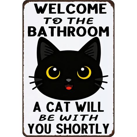 Décoration de salle de bain avec chat noir drôle, Plaques métalliques vintage "Bienvenue dans la salle de bain" (1/5)