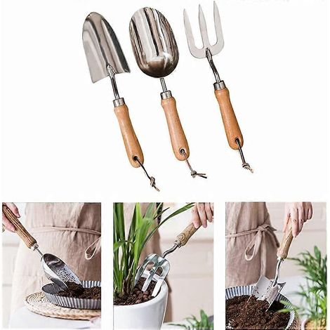 Set mit 3 Gartengeräten aus Edelstahl mit Holzgriffen - Gartengeräte für Frauen