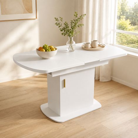 Tavolo da pranzo ovale estensibile, L110/130 x P70 x A75 cm, tavolo con vano portaoggetti, tavolo lounge da caffè, tavolo moderno minimalista, tavolo multifunzionale salvaspazio, bianco+maniglia dorat (1/5)