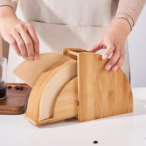 Soporte de bambú para filtros de café, soporte sostenible con dispensador para filtros de papel cuadrados, cónicos y planos para café de filtro (1/5)