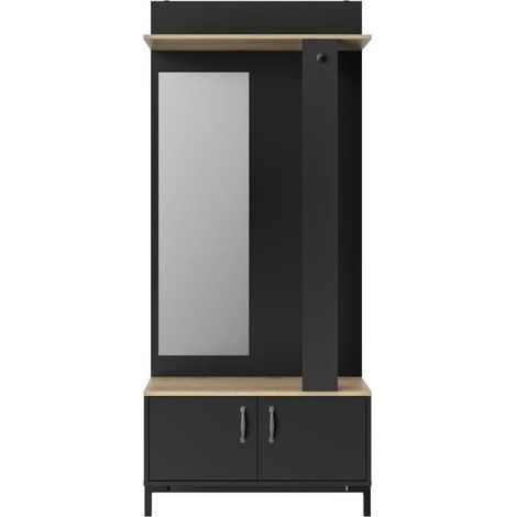 Ensemble de meubles d'entrée 2 portes noir effet bois chêne – Miroir en verre clair – Penderie avec tringle et patère – Rangement optimisé – Gami (1/10)