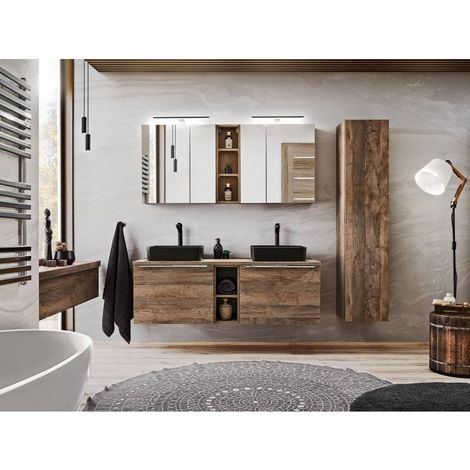 Ensemble complet salle de bain double vasques 140 cm + 6 éléments - Rosario Oak - Livraison gratuite