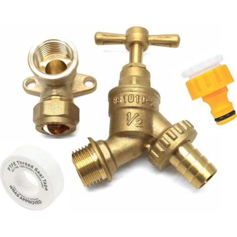 Garden Outside Tap Kit With Brass Wall Plate Elbow Hose Bib Tap Hozelock End (1/5)