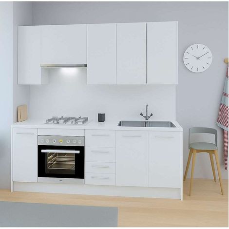 Cocina Kit-Chef con encimera y con zocalo de 220 cm de ancho en blanco.