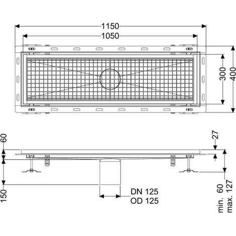 Caniveau Ferrofix avec angle de raccordement pour carrelage, 300 x 1050 mm