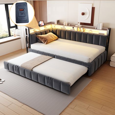 Lit gigogne 90x200 cm, avec cadre de lit canapé-lit capitonné, éclairage LED avec ports USB et Type-C, compartiment de rangement, velours, Gris (1/5)
