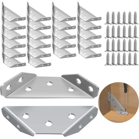 Ensemble de 24 équerres universelles, couleur acier inoxydable + vis en acier inoxydable, équerre d'étagère 416, cornière de fixation à trois côtés, plaquée. (1/5)