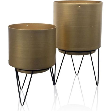 Paris Prix – Lot de 2 pots à fleurs métal 22cm – Couleur or – Pied filaire pour décoration intérieure – Design moderne et élégant