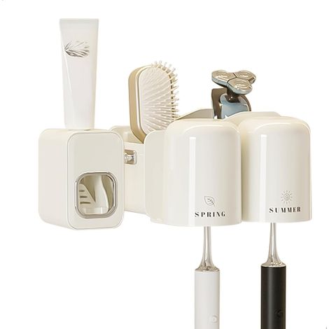 Wall Mounted Toothbrush Holder, Adhesive Toothbrush Holder Bathroom Storage Set, Cream Set with Toothpaste Dispenser Cups and Toothbrush Holders (1/5)