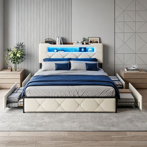 JOOKGBD-Polsterbett 160x200 cm,Doppelbett,Stauraumbett mit 4 Schubladen und Lattenrost, Staufach-Kopfteil mit USB-Ladestation, Jugendbett Funktionsbett,Samt,Beige