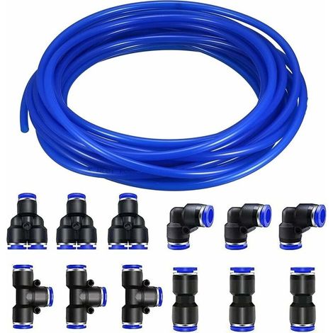 12 pièces de connecteurs pneumatiques de 4 mm, raccords rapides à poussée d'air (en forme de Y/en forme de T/en forme de L/en forme de I) + 10 m de tuyau pneumatique en PU, tuyau pneumatique en polyur (1/5)