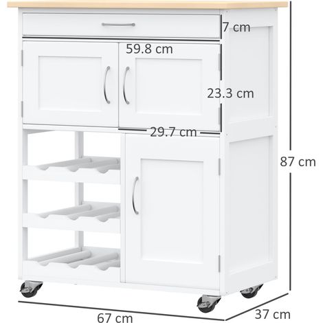 Chariot de cuisine avec 9 porte-bouteilles, 3 portes, 4 roues et tiroirs, meuble de cuisine gain de place avec plateau en bois d'hévéa, pour salon, 67x37x87cm, blanc et chêne. (1/5)