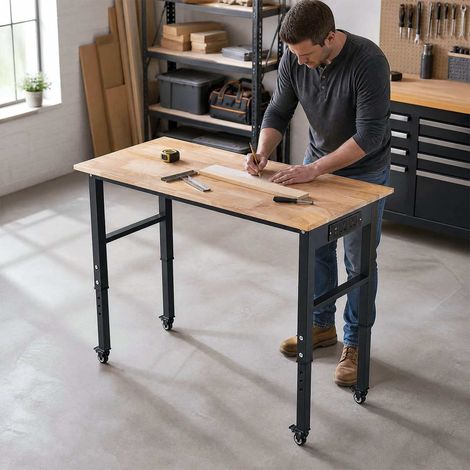 Height-Adjustable Mobile Workbench with Rubberwood Top (1/5)