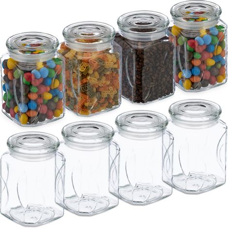 Relaxdays Botes Cristal con Tapa, Set de 8, Vidrio, 750 ml, Recipientes Cuadrados, Tarros Herméticos, Transparente