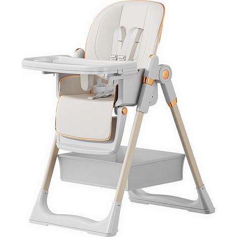 Chaise Haute Bébé Pliable et Réglable jusqu'à 6 Ans avec Harnais de Sécurité et Roulettes Verrouillables - Blanc (1/5)