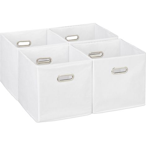 Lot de 4 boîtes de rangement, caisses pliables, HxLxP : 30x30x30 cm, poignées, panières pour étagère, blanc (1/5)