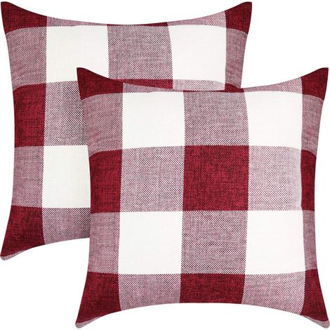 Lot de 2 taies d'oreiller à carreaux, taies d'oreiller carrées décoratives en lin style ferme, 45 x 45 cm, rouges (1/3)