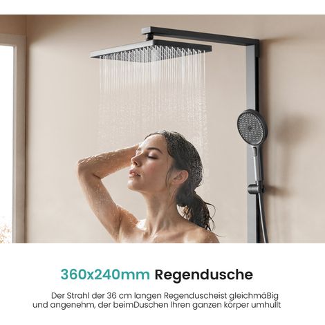 EMKE Duschsystem mit Thermostat Duschset Duschsäuleset mit 40cm Thermostatische Platte, Brausestange, Handbrause mit 4 Strahlstärken, Regendusche, Wasserauslass, Anthrazit Matt (1/5)