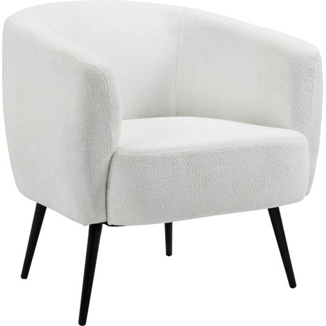 Design-Sessel aus Bouclé-Wollimitat mit schwarzen Metallbeinen und Armlehnen, für Schlaf- oder Wohnzimmer, 72 x 73 x 73 cm, weiß