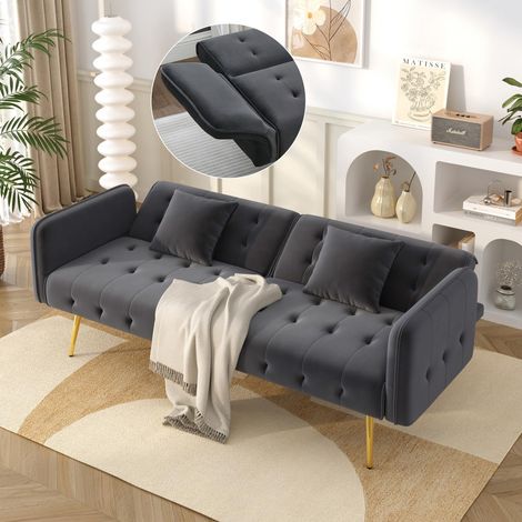 Canapé lit 2 places en velours avec dossier et accoudoirs réglables convertible grand couchage (1/5)