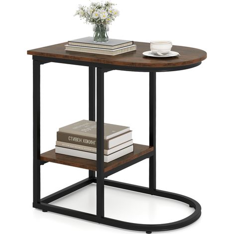 COSTWAY C-shaped End Table Modern Sofa Side Table with Storage Shelf-Coffee (1/5)