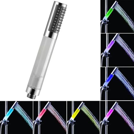 Cabezal de ducha LED portátil con mango redondo, 7 colores que cambian automáticamente, no requiere pilas. (1/5)