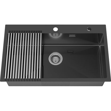 Évier 1 Bac 75 x 45 x 19 CM en Inox Évier Cuisine Gris-noir avec Égouttoir pliable et Système de Drainag, Convient pour Meuble de 80 cm ou plus