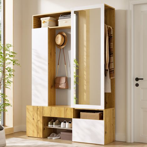 MODFU – Mobile d'ingresso 127x35x180,5 cm in MDF bianco/naturale con specchio, guardaroba, scarpiera, ganci e vani contenitore – Bianco (1/5)