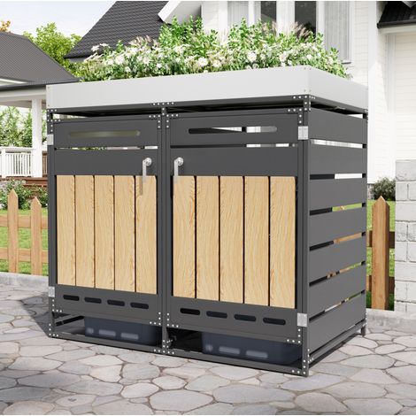 Mülltonnenbox mit Pflanzkasten, Vertikale Holzmaserungspaneele, langlochrissige Belüftung, eiserner Garten-Aufbewahrungsschrank mit Schloss (1/5)