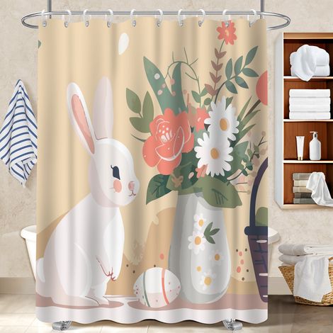 Ensemble rideau de douche polyester avec anneaux 180x180 naturel bâche polyester douche pour idéal location saisonnière (1/5)