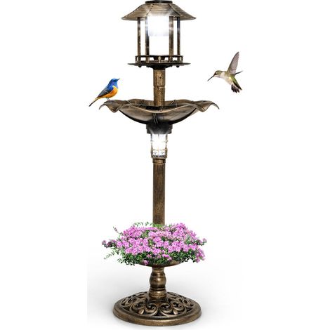 Baño para pájaros con energía solar de 43 x 110 cm con comedero integrado y jardinera decorativa de PP en bronce 200010496 (1/2)
