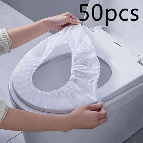 Lot de 50 couvre-sièges WC jetables en nylon, hygiéniques et pratiques pour voyages, hôtels et toilettes publiques (1/5)