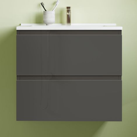 600x520mm Anthracite Vanity Unit With Soft Close DrawersStorage SpaceWhite Ceramic Basin (1/4)