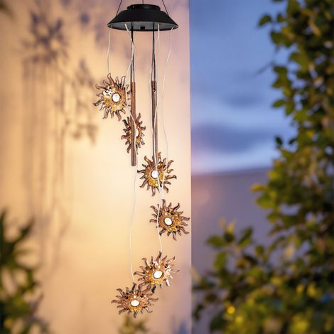 Solar LED Lichtspiel 4 Metall Klangstäben - 75 cm - Klangspiel mit 6 beleuchteten Sonnen in warm weiß